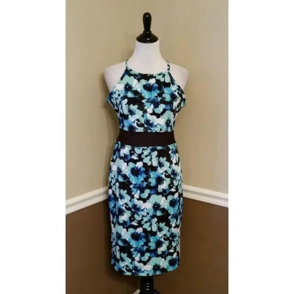 Blue Floral Halter Neckline Midi ModCloth Dress with Sheer Waist by Roxberi